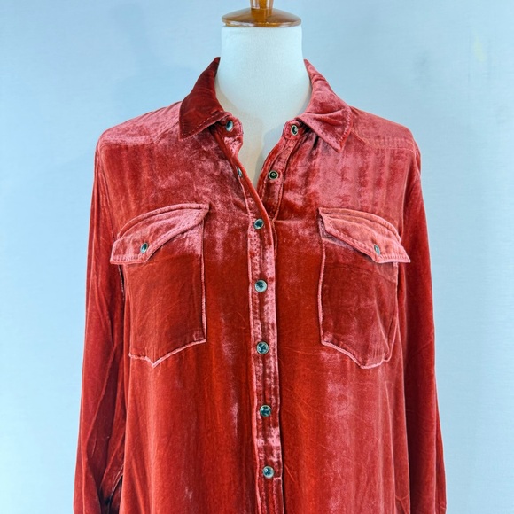 SUNDANCE Rocio Burnt Orange Red Velvet Silk Blend Pearl Snap Front Shirt Dress - Picture 3 of 16